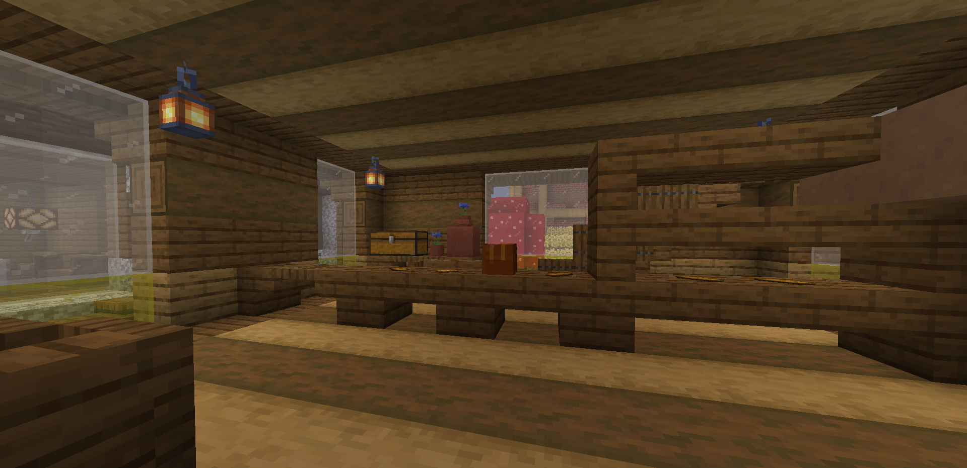 Inside of the bakery. A homely wooden interior with shelves lined with breads.